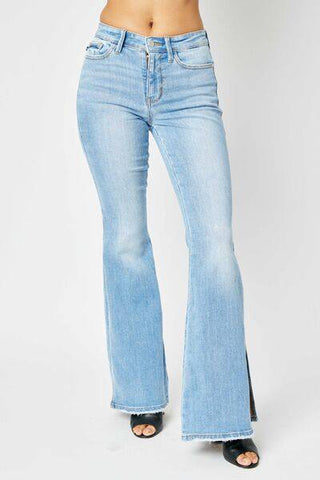 Judy Blue Full Size Mid Rise Raw Hem Slit Flare Jeans - 1985 the VAULT Boutique