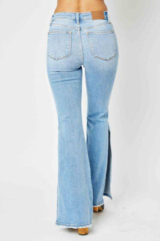 Judy Blue Full Size Mid Rise Raw Hem Slit Flare Jeans - 1985 the VAULT Boutique