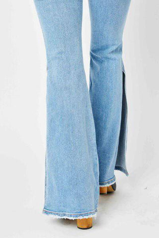 Judy Blue Full Size Mid Rise Raw Hem Slit Flare Jeans - 1985 the VAULT Boutique