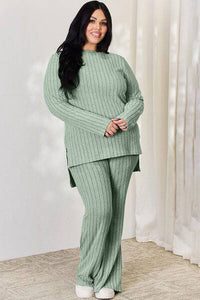 Basic Bae Full Size Ribbed High-Low Top and Wide Leg Pants Set - 1985 the VAULT Boutique