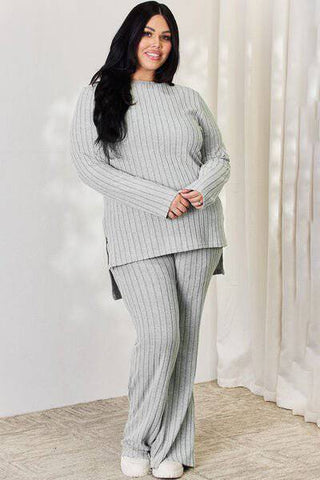 Basic Bae Full Size Ribbed High-Low Top and Wide Leg Pants Set - 1985 the VAULT Boutique