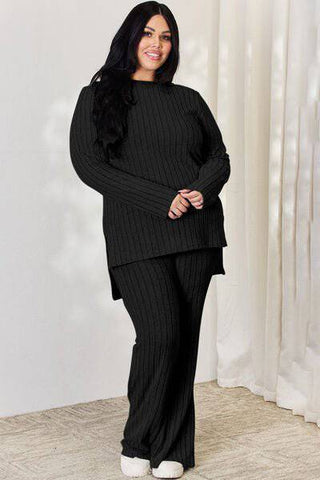 Basic Bae Full Size Ribbed High-Low Top and Wide Leg Pants Set - 1985 the VAULT Boutique