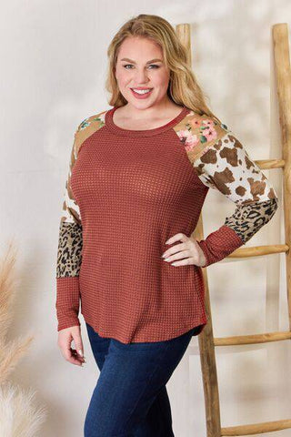 Hailey & Co Full Size Leopard Waffle-Knit Blouse - 1985 the VAULT Boutique