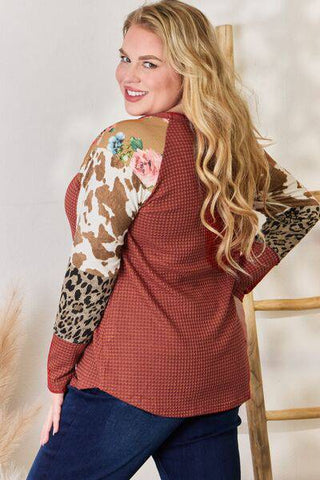 Hailey & Co Full Size Leopard Waffle-Knit Blouse - 1985 the VAULT Boutique