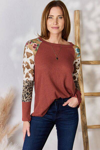 Hailey & Co Full Size Leopard Waffle-Knit Blouse - 1985 the VAULT Boutique