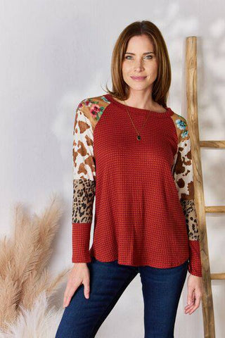 Hailey & Co Full Size Leopard Waffle-Knit Blouse - 1985 the VAULT Boutique