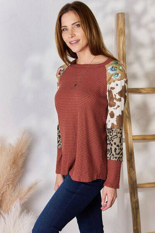 Hailey & Co Full Size Leopard Waffle-Knit Blouse - 1985 the VAULT Boutique