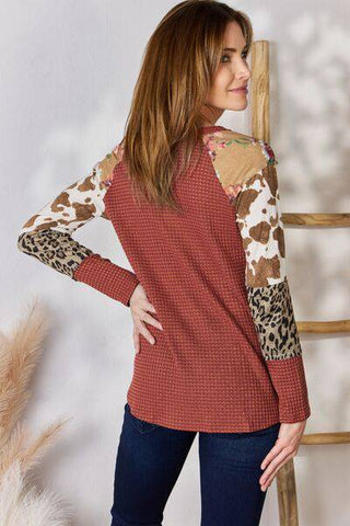 Hailey & Co Full Size Leopard Waffle-Knit Blouse - 1985 the VAULT Boutique