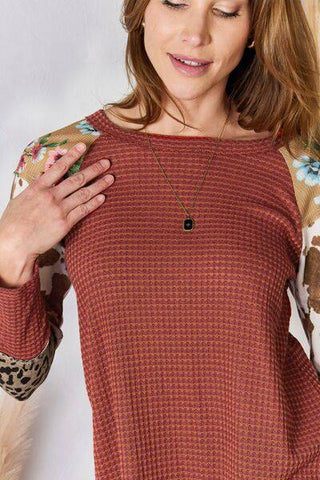 Hailey & Co Full Size Leopard Waffle-Knit Blouse - 1985 the VAULT Boutique