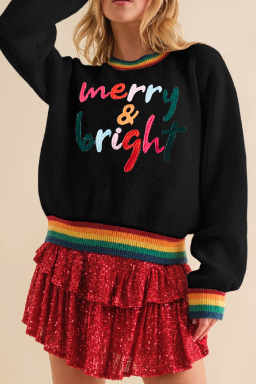 MERRY & BRIGHT Ribbed Round Neck Sweater - 1985 the VAULT Boutique