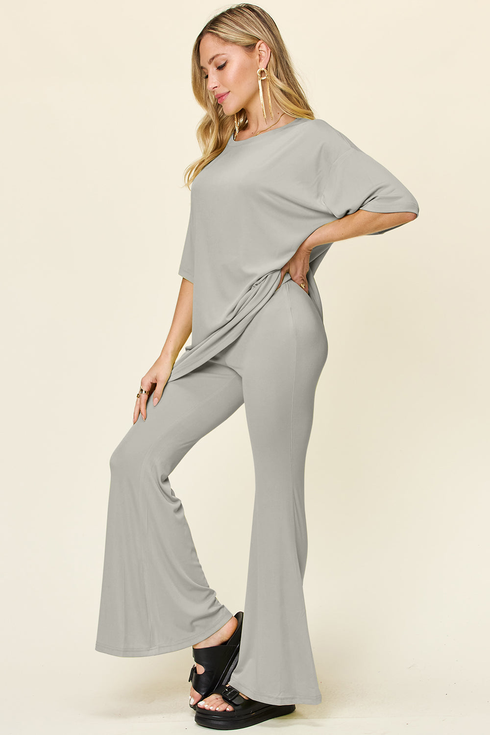 Double Take Full Size Round Neck Drop Shoulder T-Shirt and Flare Pants Set - 1985 the VAULT Boutique