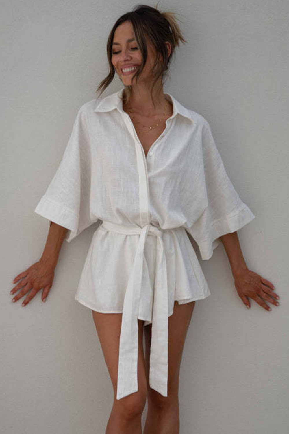 Tied Button Up Collared Neck Romper - 1985 the VAULT Boutique