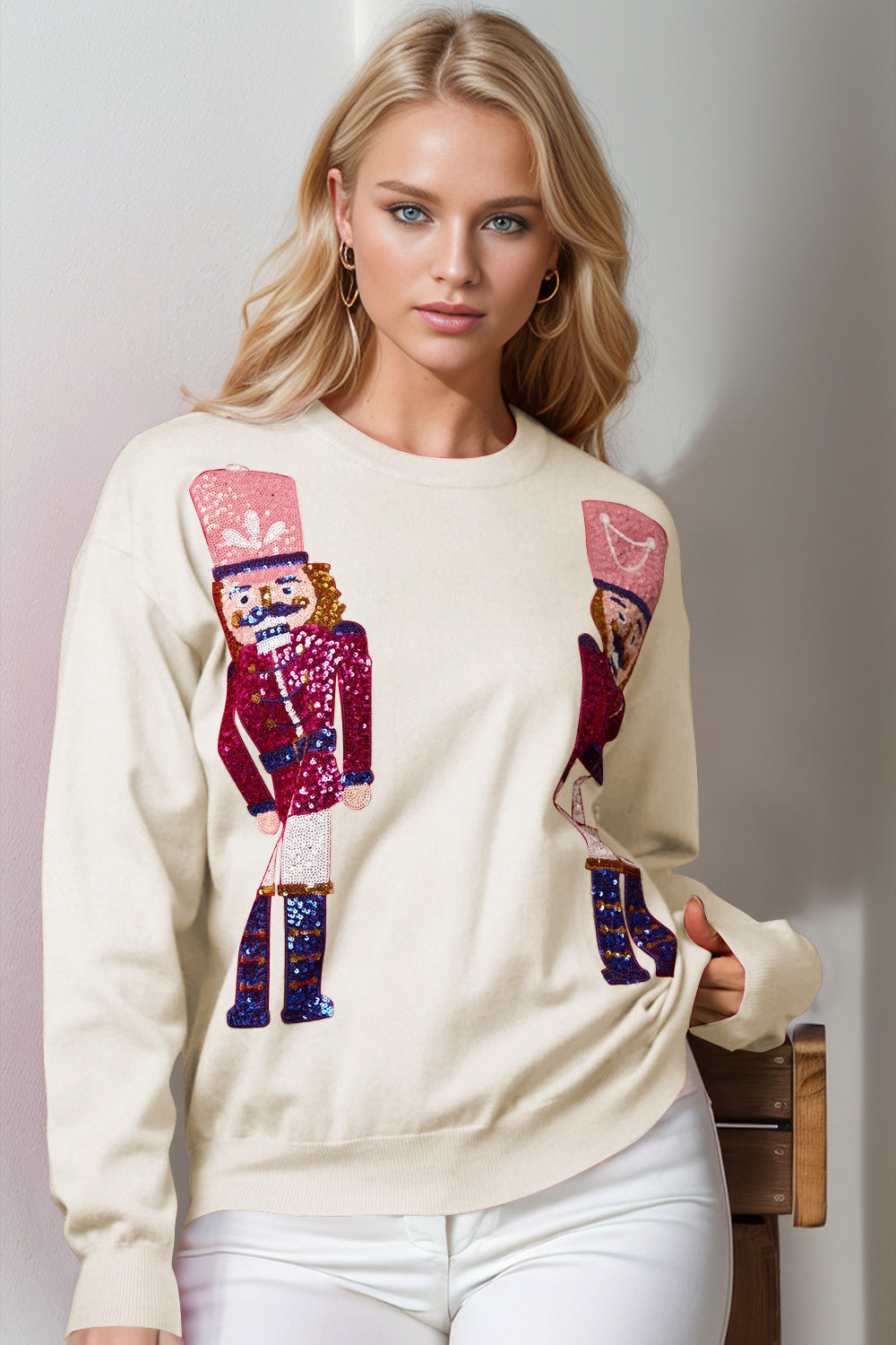 Double Take Full Size Nutcracker Sequin Long Sleeve Sweater - 1985 the VAULT Boutique