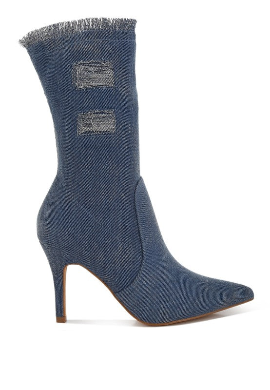 Himkok Distressed Denim Mid-Calf Boots - 1985 the VAULT Boutique