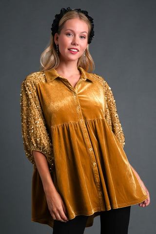 Umgee Sequin Detail Tiered Back Half Sleeve Shirt - 1985 the VAULT Boutique