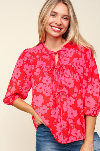 Haptics Full Size Ribbon Bow Floral Balloon Sleeve Blouse - 1985 the VAULT Boutique