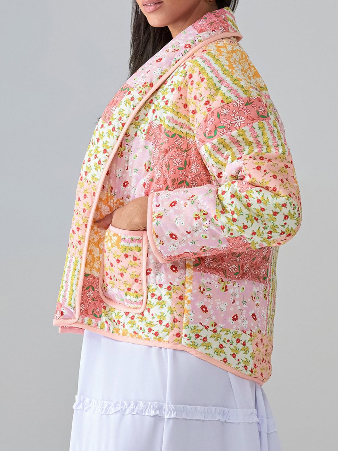 Printed Patchwork Open Front Cardigan with Pockets - 1985 the VAULT Boutique