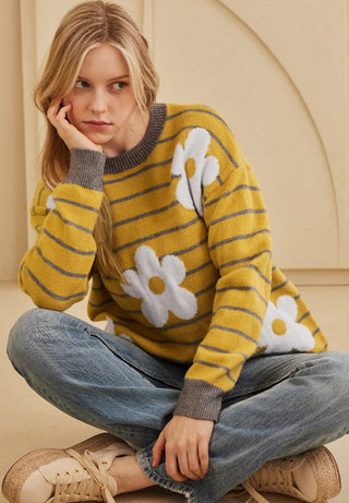 Flower Stripe Round Neck Long Sleeve Sweater - 1985 the VAULT Boutique