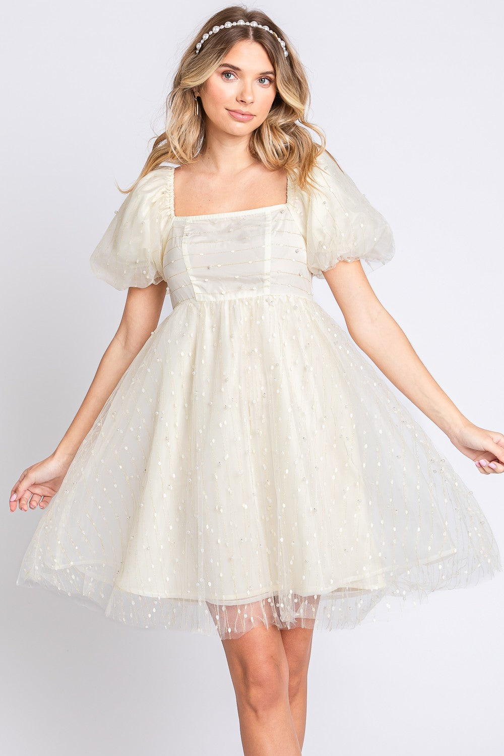 GeeGee Pearl Mesh Puff Sleeve Babydoll Dress - 1985 the VAULT Boutique