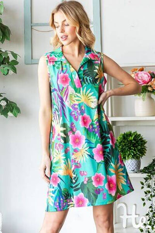 Heimish Full Size Floral Johnny Collar Sleeveless Dress Plus Size - 1985 the VAULT Boutique