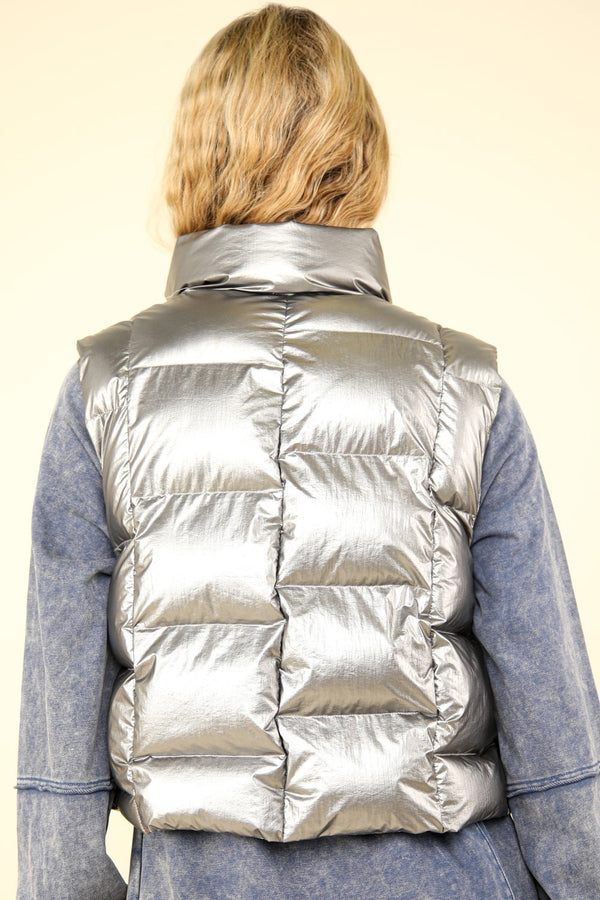 VERY J Shiny Metallic Zip Up Puffer Vest - 1985 the VAULT Boutique