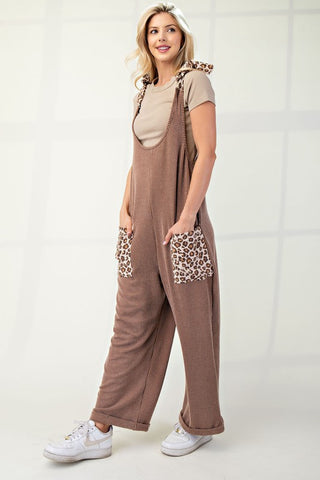 Celeste Full Size Ribbed Leopard Tied Shoulder Overalls - 1985 the VAULT Boutique