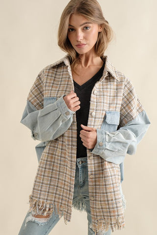 TWEED MIXED DENIM JACKET SHACKET WITH FRINGED HEM - 1985 the VAULT Boutique