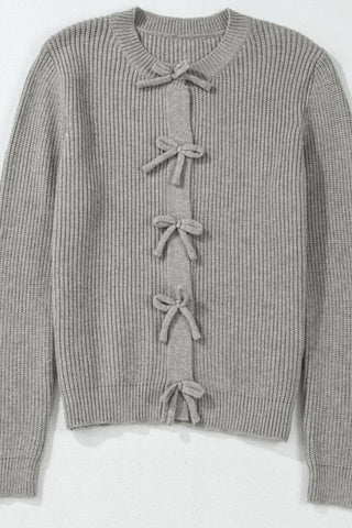 Bow Round Neck Long Sleeve Cardigan - 1985 the VAULT Boutique