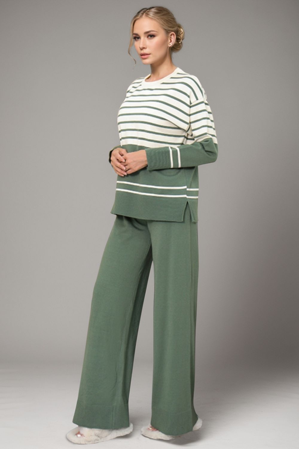 Striped Round Neck Long Sleeve Top and Pants Sweater Set - 1985 the VAULT Boutique