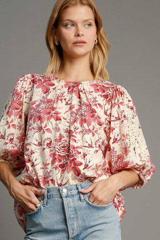 Umgee Floral Pleated Detail Lace Trim Sleeve Blouse - 1985 the VAULT Boutique