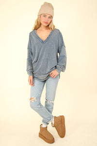 VERY J Washed V-Neck Exposed Seam Knit Top - 1985 the VAULT Boutique