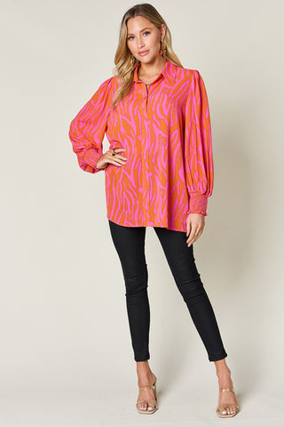 Double Take Full Size Printed Smocked Long Sleeve Blouse - 1985 the VAULT Boutique