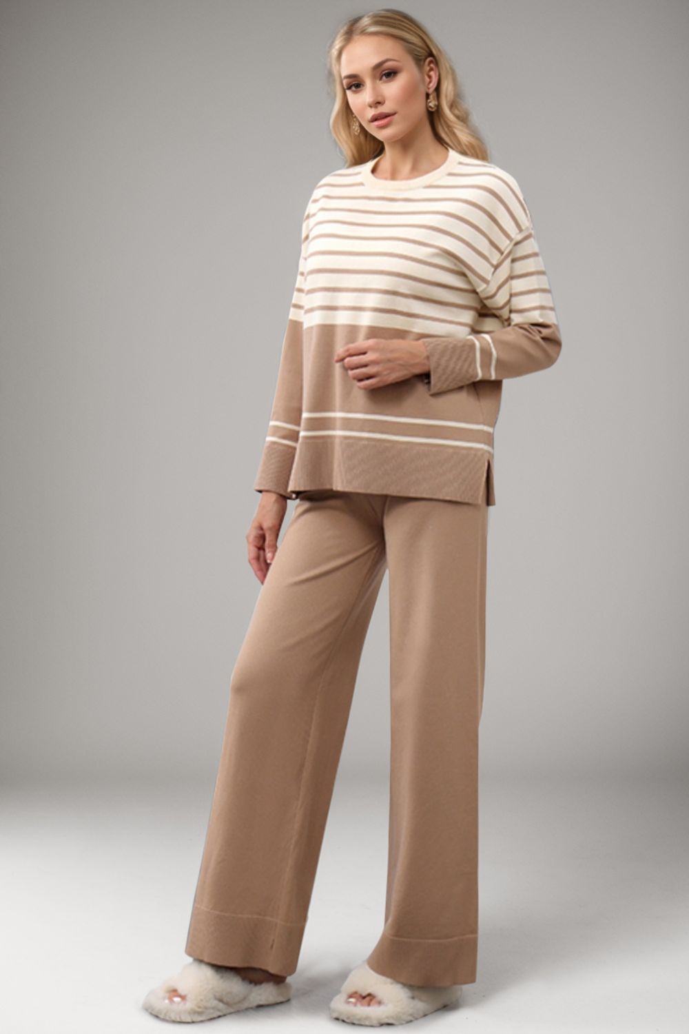 Striped Round Neck Long Sleeve Top and Pants Sweater Set - 1985 the VAULT Boutique