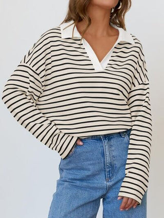 Mandy Striped Johnny Collar Long Sleeve Sweatshirt - 1985 the VAULT Boutique