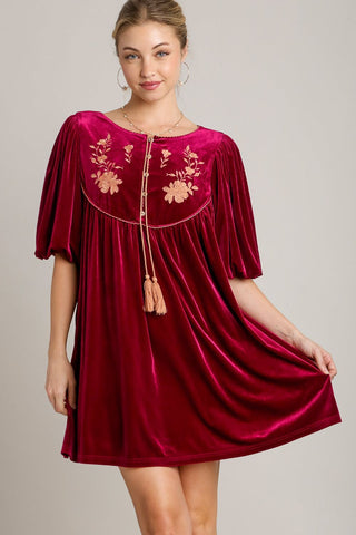 Umgee Embroidered Half Sleeve Velvet Mini Dress with Tassel - 1985 the VAULT Boutique