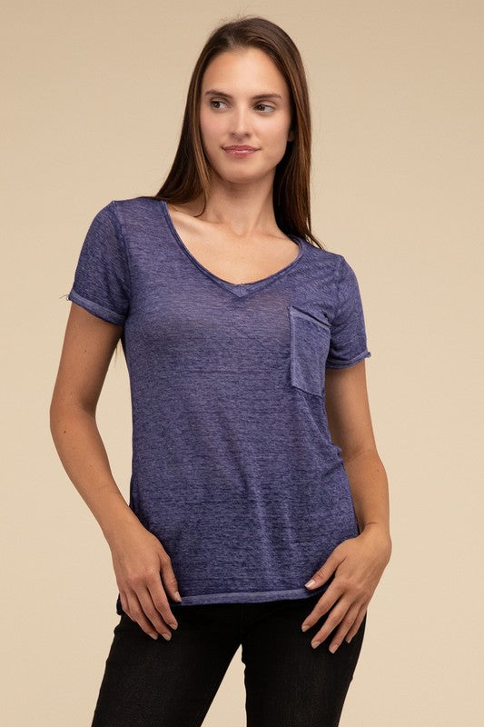 Basic Washed Melange Burnout Scoop V-Neck Top - 1985 the VAULT Boutique