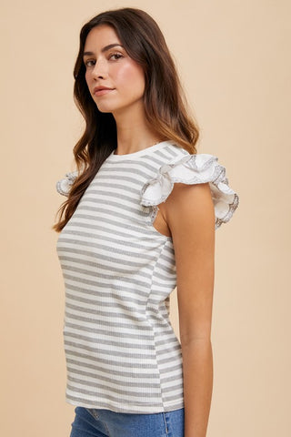 Annie Wear Ruffled Striped Round Neck Cap Sleeve Knit Top - 1985 the VAULT Boutique