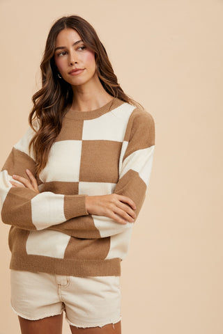 Annie Wear Checkered Round Neck Dropped Shoulder Sweater - 1985 the VAULT Boutique