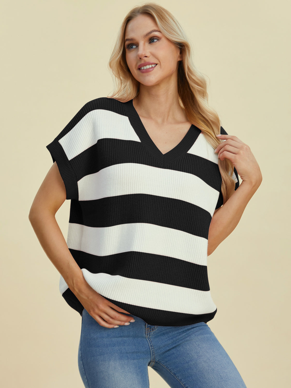 Double Take Full Size Striped V-Neck Short Sleeve Sweater - 1985 the VAULT Boutique