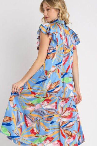 Umgee Full Size Leaf Print Double Layered Ruffle Sleeve Tiered Midi Dress Plus Size - 1985 the VAULT Boutique