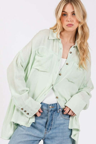 SAGE + FIG Frayed Hem Side Slit Button Down Shirt - 1985 the VAULT Boutique