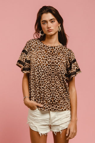 BiBi Leopard Crochet Trim Round Neck Short Sleeve Top - 1985 the VAULT Boutique