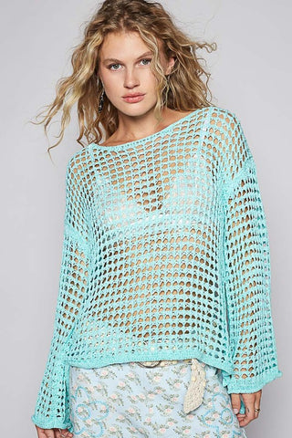 POL Side Slit Openwork Long Sleeve Knit Cover Up - 1985 the VAULT Boutique