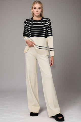 Striped Round Neck Long Sleeve Top and Pants Sweater Set - 1985 the VAULT Boutique