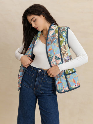 Printed Patchwork Contrast Piping Vest - 1985 the VAULT Boutique