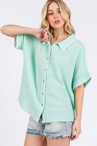 SAGE+FIG Boho Contrast Zigzag Trim Gauze Button-Up Shirt - 1985 the VAULT Boutique