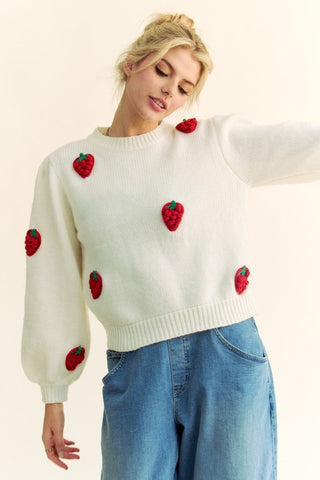 Davi & Dani Crochet Strawberry Round Neck Sweater - 1985 the VAULT Boutique