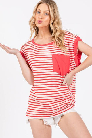 Ces Femme Side Slit Striped Cap Sleeve T-Shirt - 1985 the VAULT Boutique