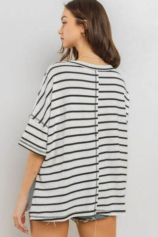 Ces Femme Side Slit Striped Round Neck Half Sleeve T-Shirt - 1985 the VAULT Boutique