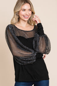 Super Lady Full Size Metallic Mesh Lantern Sleeve Blouse - 1985 the VAULT Boutique